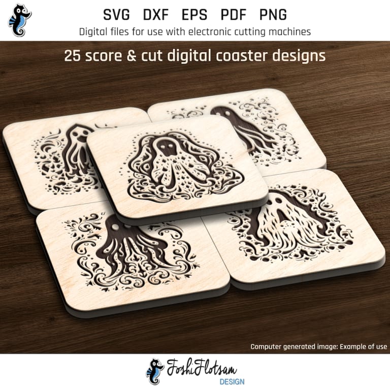 First 5 of 25 Halloween ghost coasters included in this coaster SVG bundle.